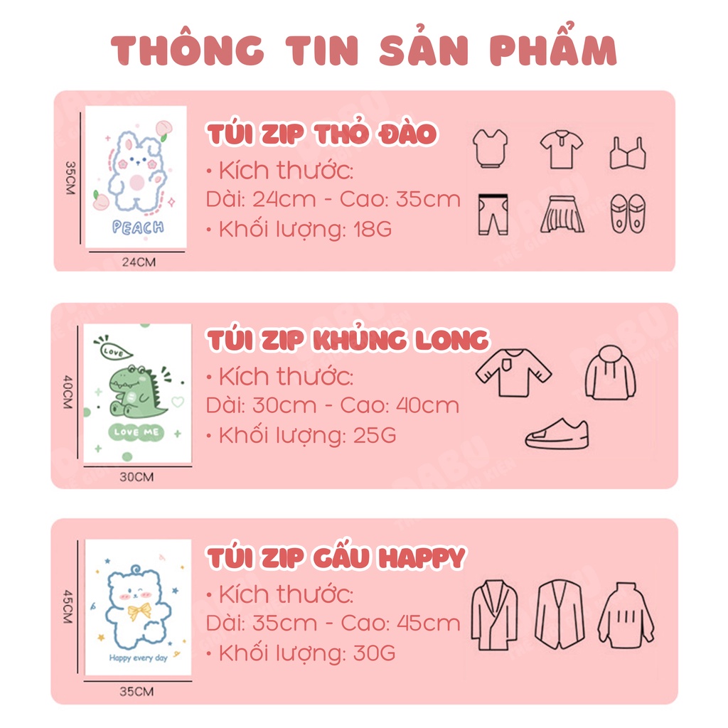 Combo 10 túi zip khóa lụa đựng quần áo DABU hình dễ thương 3 size