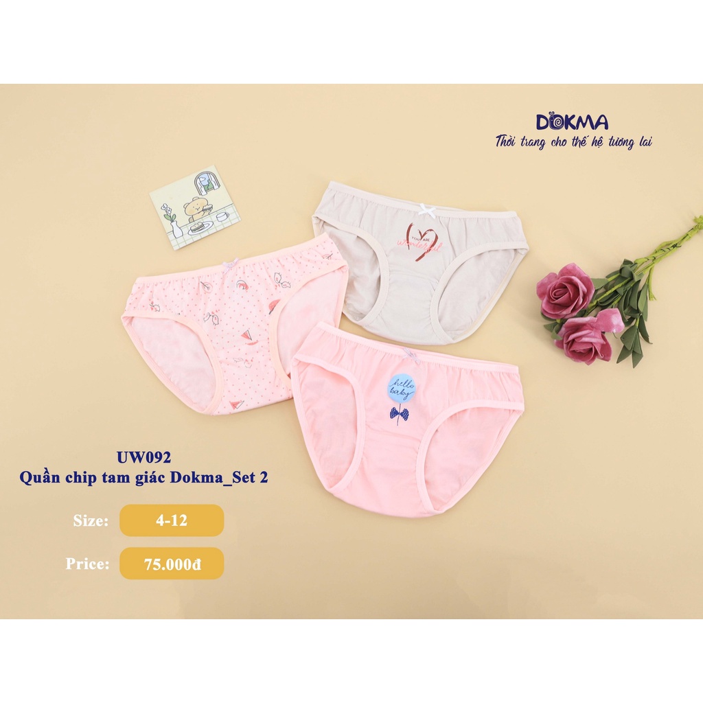 UW092 Set 3 quần chip tam giác viền Dokma cho bé gái (2-12T)