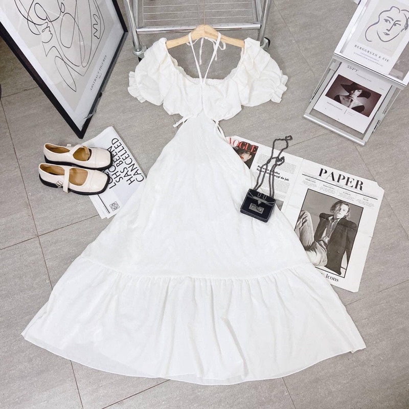 Đầm maxi xanh cutout lưng tay tiên viền bèo màu trắng/xanh lá/xanh dương NÀNG CLOSET