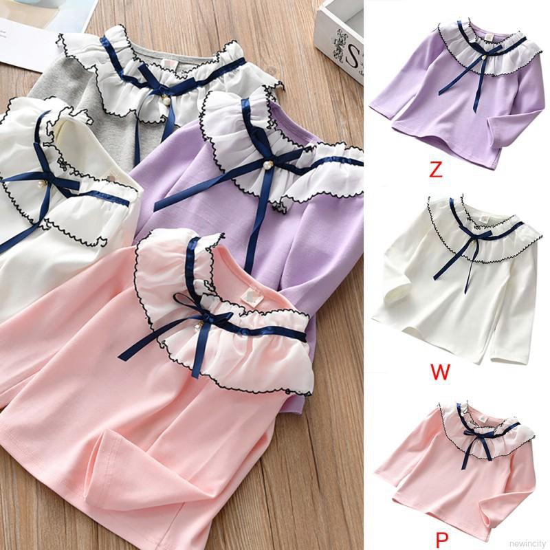 Áo cotton dài tay thắt nơ xinh xắn cho bé gái