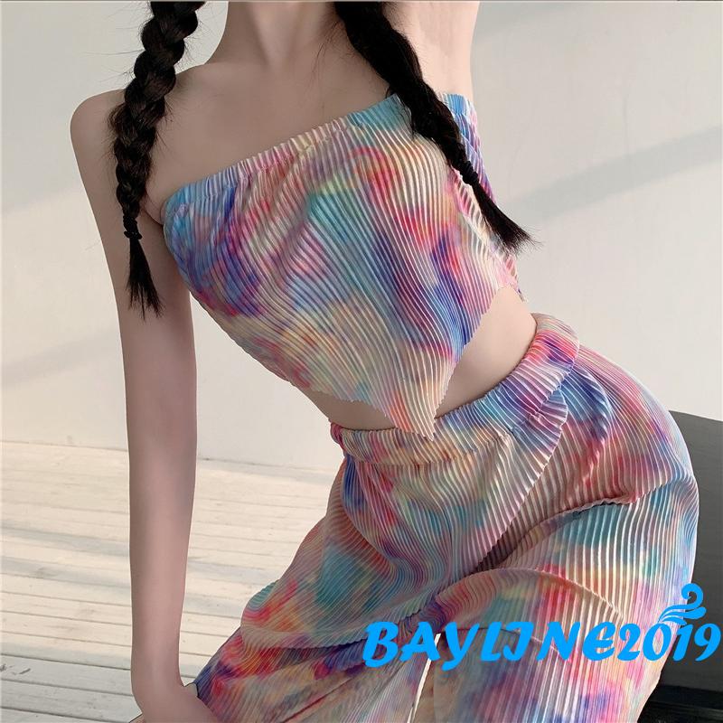 Áo buộc dây in hình ống loe gợi cảm/ Quần dài cạp cao thời trang mùa hè dành cho nữ | BigBuy360 - bigbuy360.vn