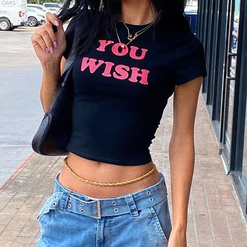 Áo Thun Crop Top Tay Ngắn In Chữ Y2K Màu Hồng Dễ Thương Thời Trang 2000S