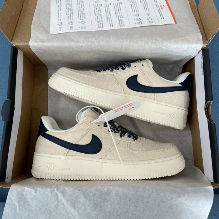 [ Thanh Lí ] AF1 Beige Deep blue vải Gai Dầu- AF1 Màu Kem, air force 1 Kẻ Xanh Than Full Box +bill