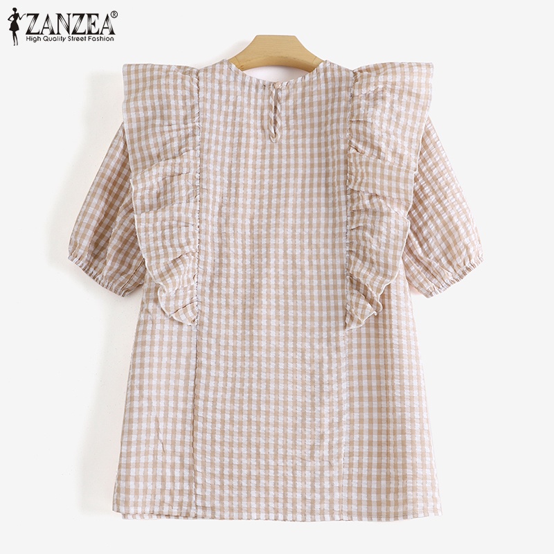 Zanzea Áo Sơ Mi Tay Lửng Cổ Tròn Họa Tiết Caro Phong Cách Hàn Quốc Thời Trang Cho Nữ