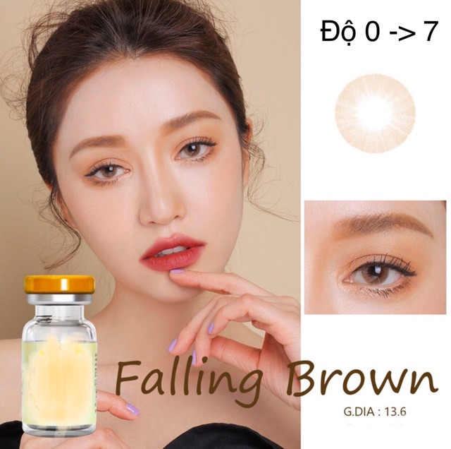 giá 1 cặp lens Nâu tây không viền có LỆCH ĐỘ sẵn 0-7 độ kính áp tròng Hàn Quốc lens cận nâu tây falling brown HD84