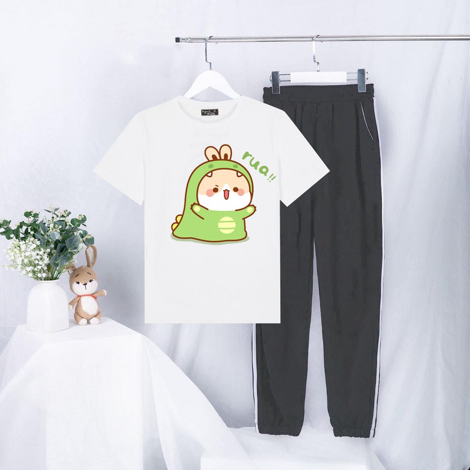 Sét áo phông Rua xanh + quần 2 sọc chun gấu nhiều màu HARIQUEEN