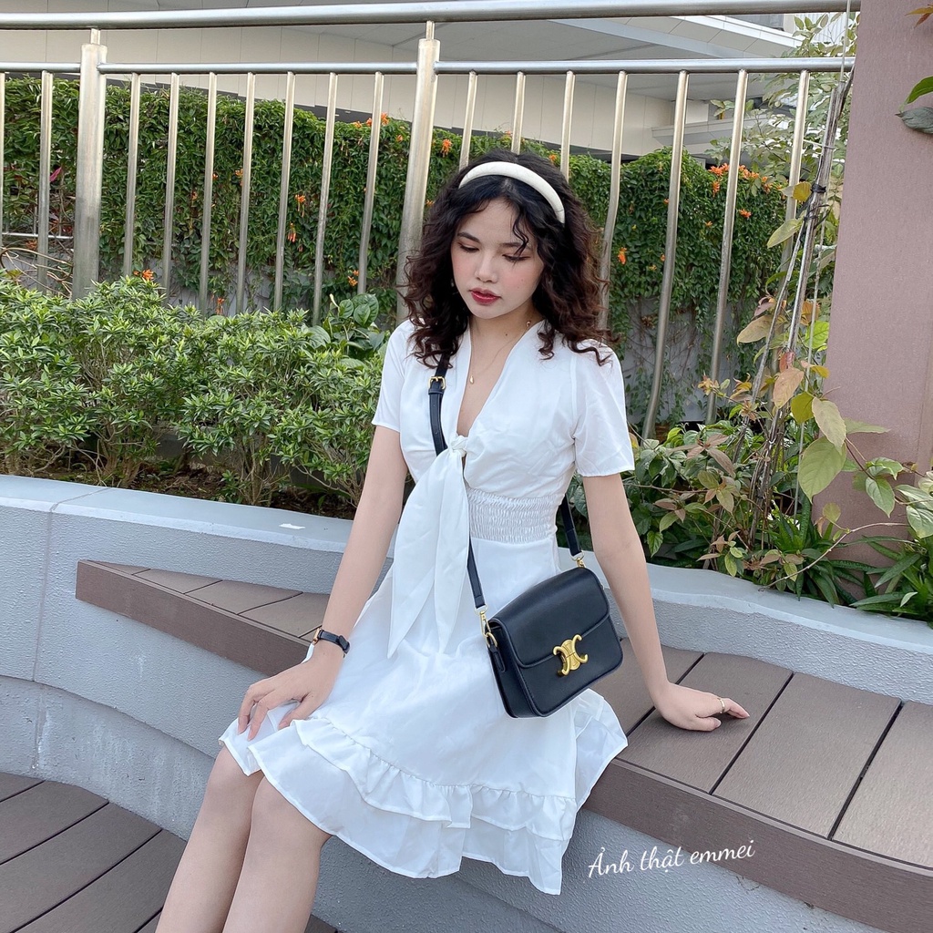 Đầm trắng tầng dáng xoẻ, váy thắt nơ bánh bèo tiểu thư emmei - v109 | BigBuy360 - bigbuy360.vn