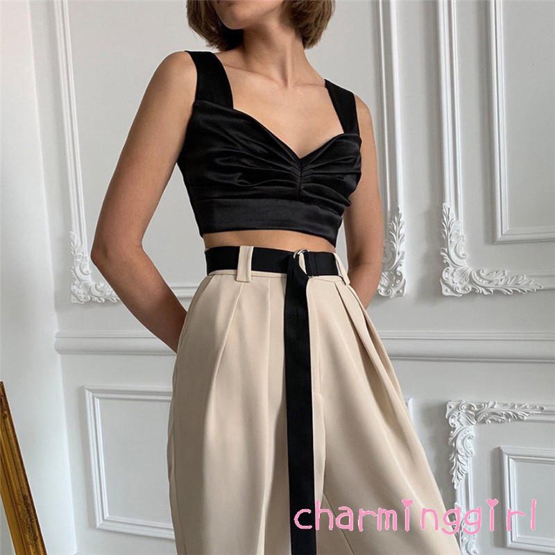 ♔BTY♔Summer solid color girl sexy pleated design suspenders top fashion