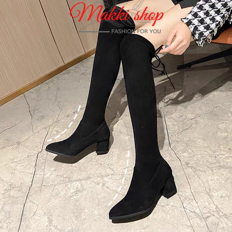 Boot đùi nữ da lộn đế vuông, giày bốt nữ thời trang cao cấp giá rẻ MAKKI SHOP TD439