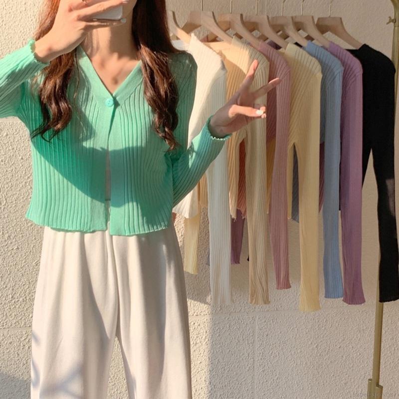 Áo Cardigan Dệt Kim Tay Dài Cổ Chữ V Phong Cách Hàn Quốc