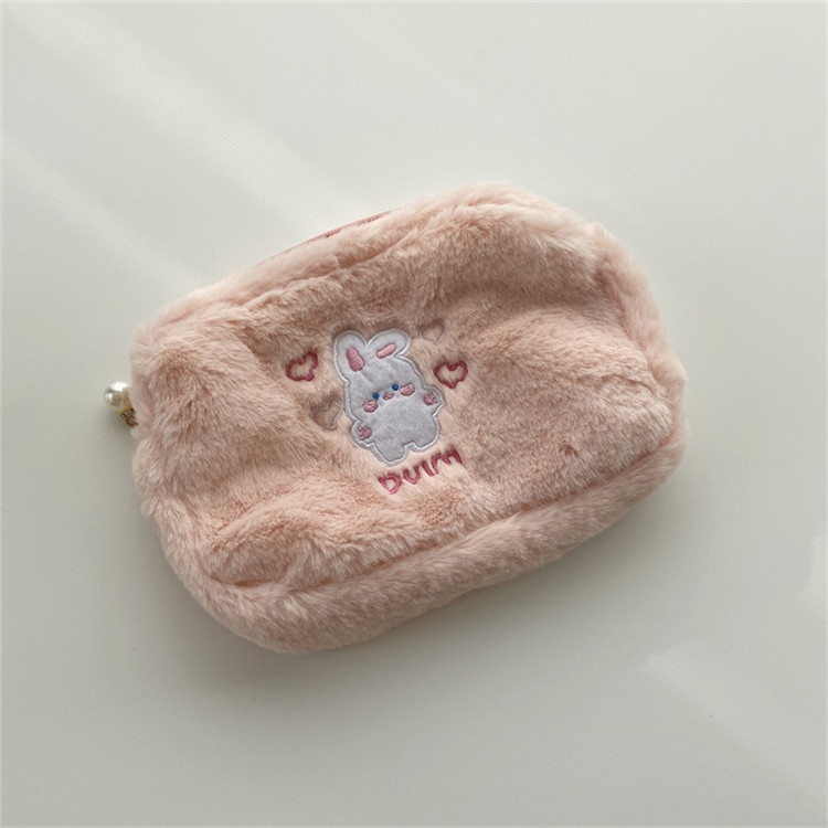 Túi Đựng Bút / Tiền Xu Bằng Lông Nhung Mềm Thêu Họa Tiết Hoạt Hình Phong Cách Hàn Quốc Cho Nữ Ốp