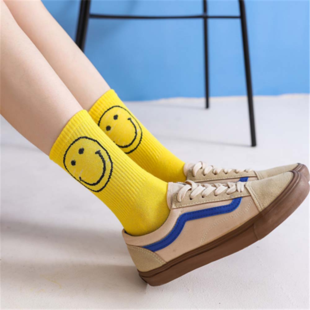 Vớ cao cổ bằng cotton họa tiết mặt cười dễ thương gồm nhiều màu tùy chọn dành cho nữ