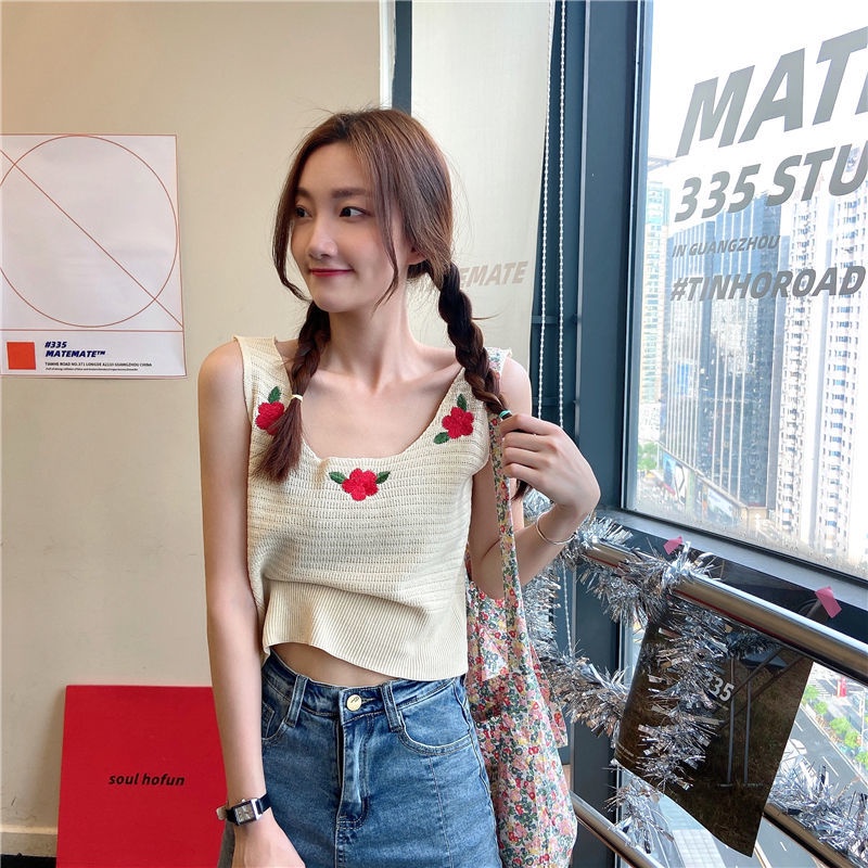 Thêu Áo hai dây Dệt Kim Nữ Phong Cách Mùa Hè Mới