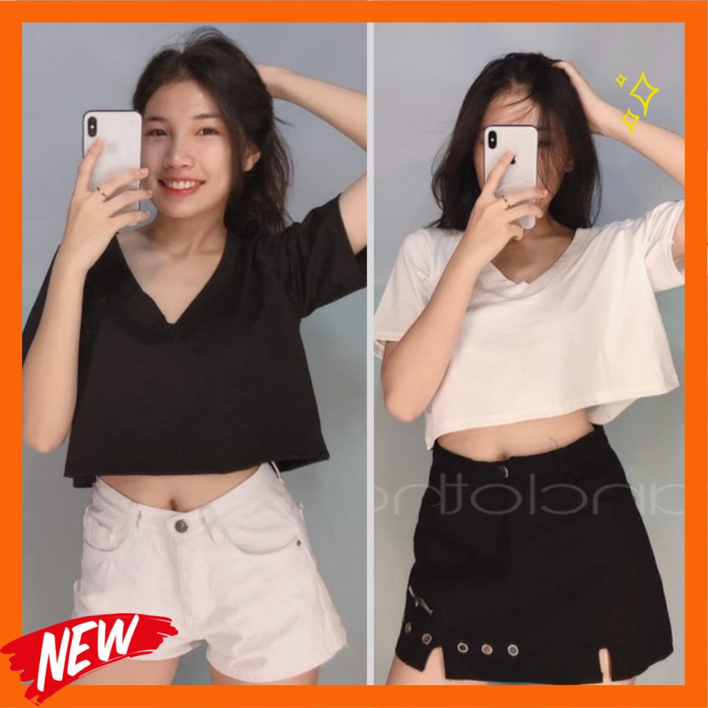 Áo Thun Nữ Croptop Cổ Tim 2 Màu Trắng Và Đen - 603