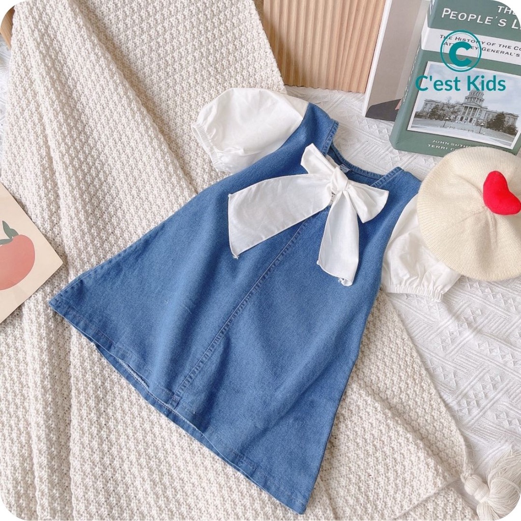 Váy bé gái, váy bò bé gái, váy jean phối tay phồng lên dáng xinh như công chúa Size nhí size trung size đại