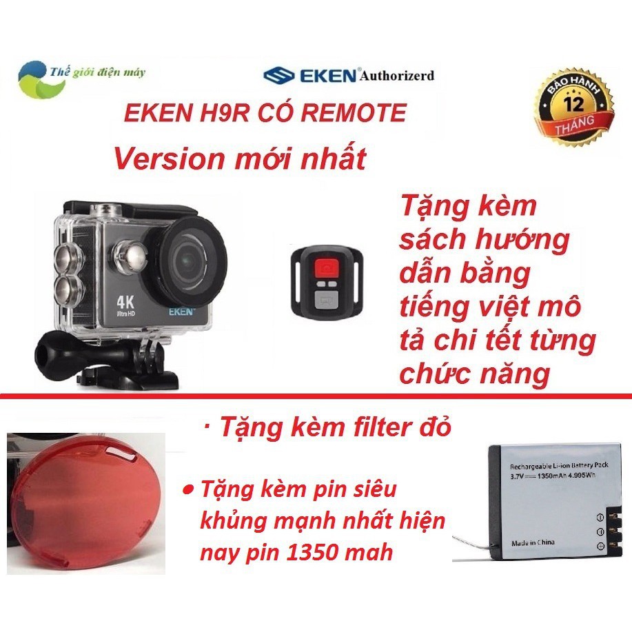 Camera hành trình 4K wifi Eken H9R có remote version mới nhất 8.1 tặng kèm kính lọc đỏ và pin siêu khủng 1350mah