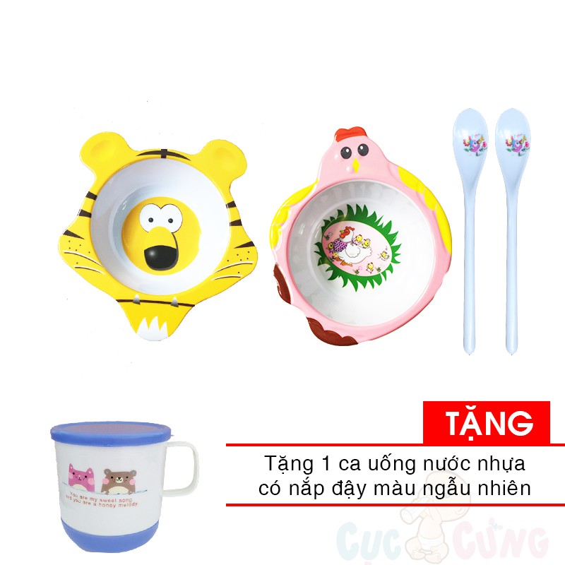 Tô cho bé tập ăn hình gà + Chén cho bé tập ăn hình hổ + 2 muỗng ăn dặm cán dài TẶNG 1 ca uống nước