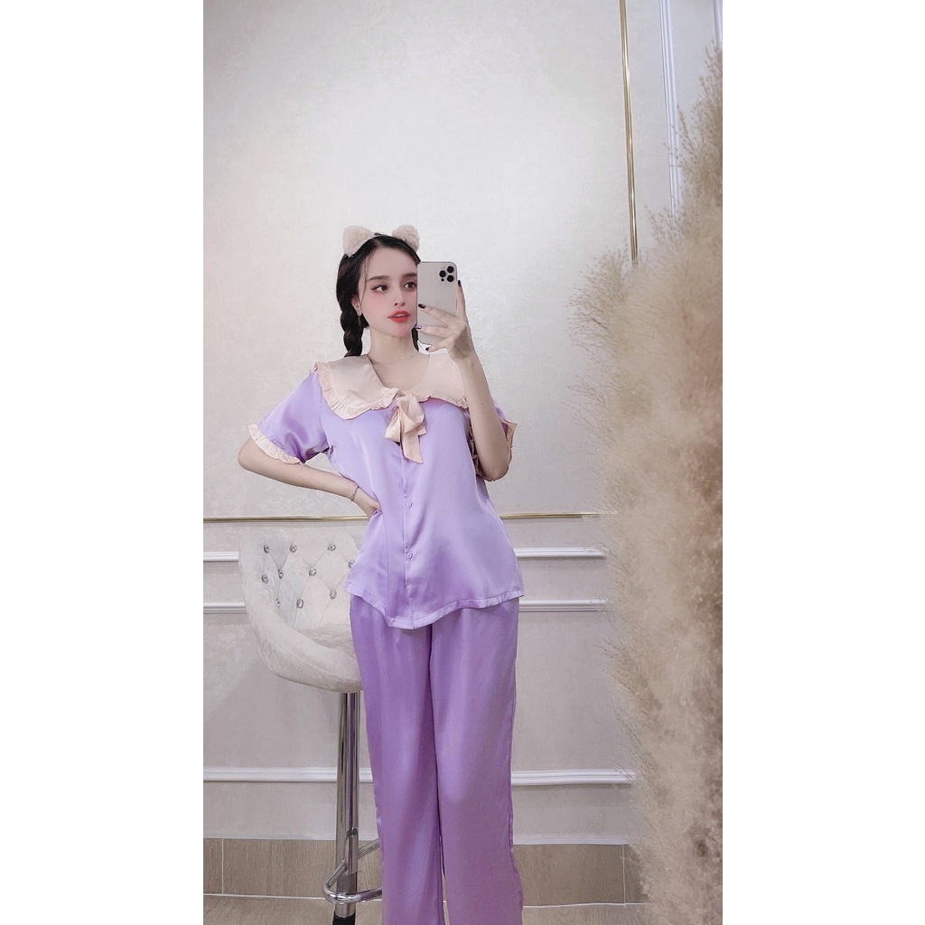 [FREESHIP 50K] Bộ lụa Pijama NHISTORE Bộ Quần Dài Tay Ngăn Lụa Satin Cổ Phối Bèo Nơ Tiểu Thư Freesize Dướ 57kg