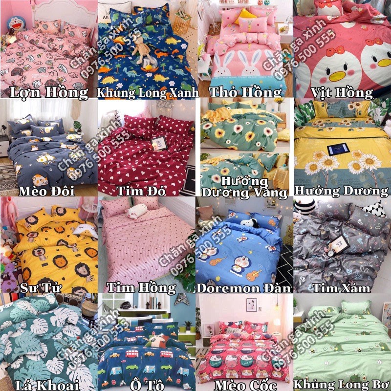 Trọn Bộ 5 Món Ga Gối Chăn Phao Poly Cotton Kichemo Có Ruột Bông Dày Loại 1 ( Nhắn Chọn Mẫu )