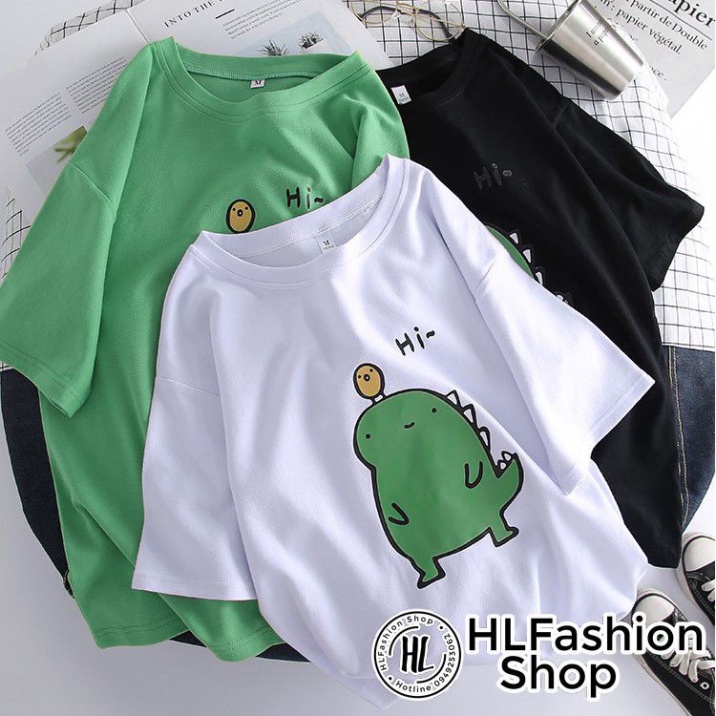 (Hàng Sỉ) Áo thun tay lỡ form rộng HI KHỦNG LONG siêu dễ thương, áo phông form rộng size HLFashion (ảnh thật)
