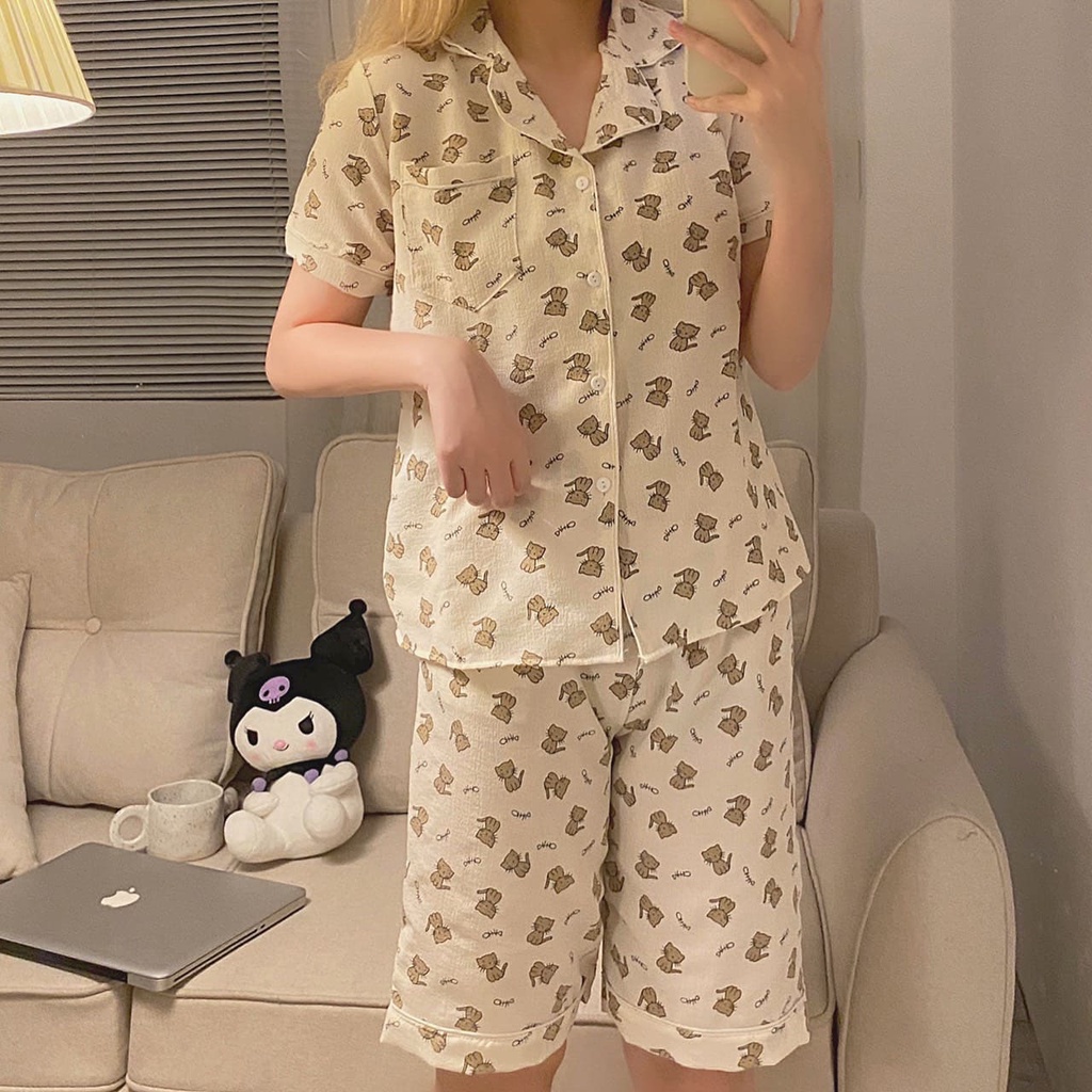 [Ảnh thật/video] Bộ Mặc Nhà Pyjama Nữ Dài Tay, Cộc Tay Chất Đũi Họa Tiết Đáng Yêu
