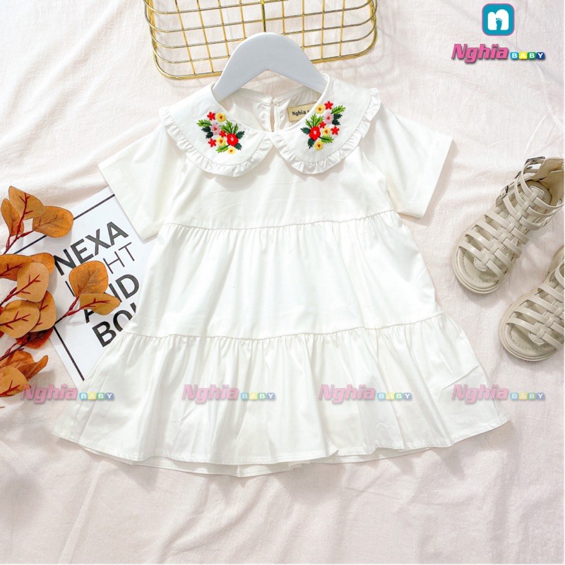 [Mã FARSBR241 giảm 15k đơn 0đ] Đầm baby doll NGHĨA BABY cổ thêu hoa dành cho bé gái 15-32kg