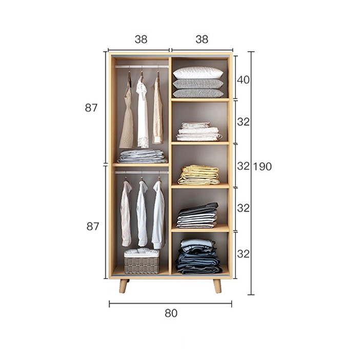 Tủ quần áo gỗ 2 cánh cửa trượt thông minh 1m9 x 80cm decor phòng ngủ đẹp - Tủ để đồ cửa lùa tiết kiệm diện tích