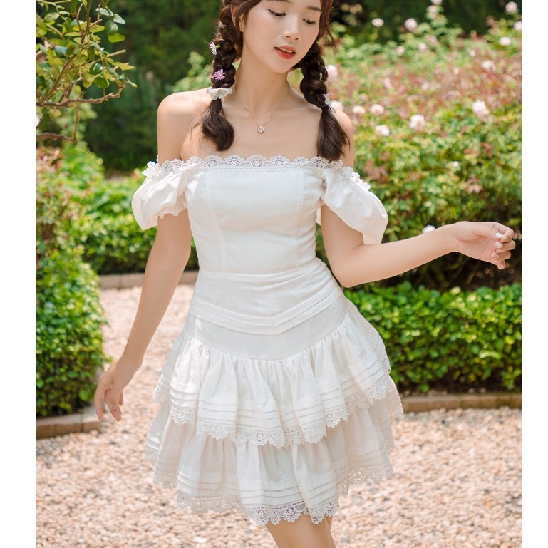 CHITS- Lily dress thiết kế tay áo bồng mặc được 2 kiểu, váy 2 tầng viền ren cao cấp