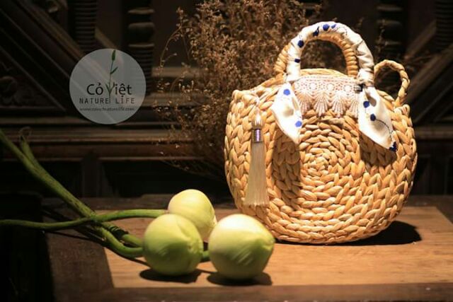 Túi xách Lục bình, Túi trống TX016-trang trí khăn Turban, tua rua, chuông, handmade Cỏ Việt NatureLife.