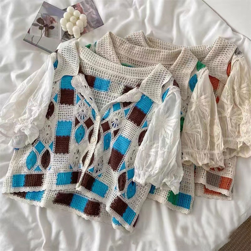 Áo Cardigan Dệt Kim Tay Ngắn Dáng Rộng Thêu Họa Tiết Hoa Đục Lỗ Thời Trang Cho Nữ