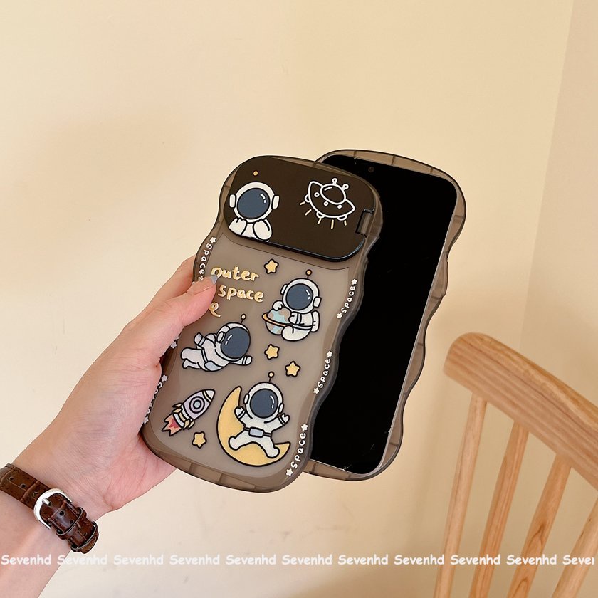 Ốp Điện Thoại Mềm In Hình Phi Hành Gia Hoạt Hình Có Giá Đỡ Gương Trang Điểm Cho iPhone 14 13 12 11 Pro Max Xs Max Xr X