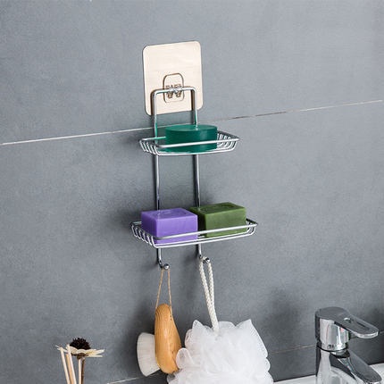 Kệ đựng xà phòng 2 tầng inox dán tường kèm móc treo tiện lợi