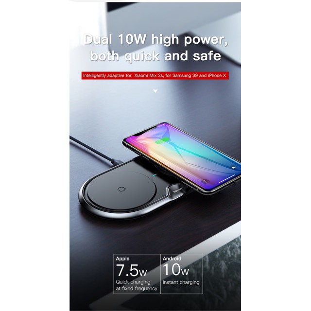 Đế sạc nhanh không dây - CHUẨN HÃNG BASEUS DUAL WIRELESS CHARGER-BH 6 THÁNG