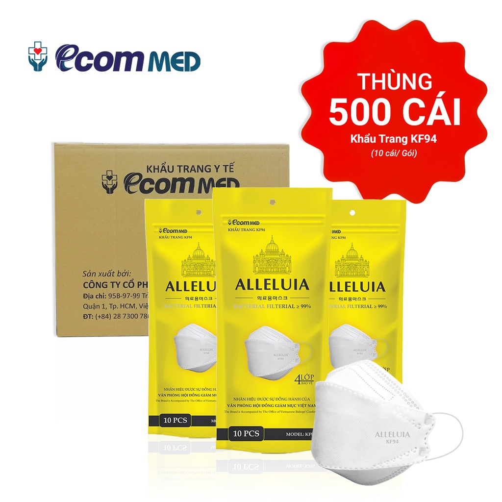 Thùng 500 Khẩu Trang KF94 Công Giáo EcomMed Alleluia (50 bịch) Thông Thoáng Không Đau Tai - Đạt chuẩn FDA