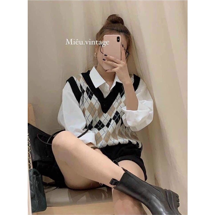 Áo Gile Len Hoạ Tiết Kẻ Trám DALYN Phối Áo Sơ Mi, Áo Len Gile Thổ Cẩm Hottrend | BigBuy360 - bigbuy360.vn