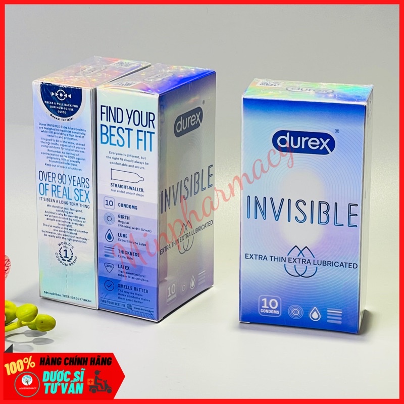 Bao cao su DUREX Invisible Extra thin Extra lubricated Siêu Mỏng Thêm Chất bôi trơn Che tên sản phẩm - Minpharmacy