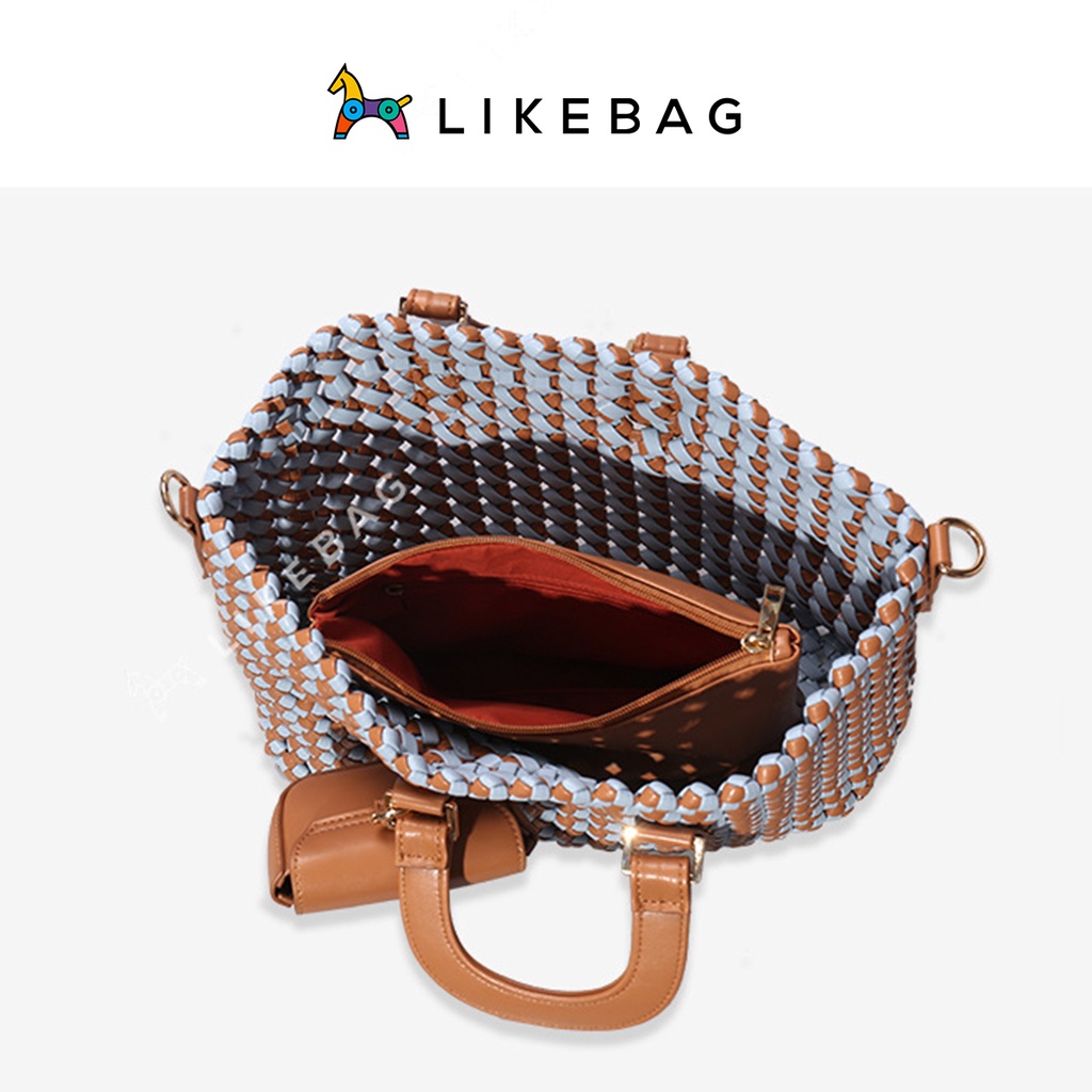 Túi xách nữ cầm tay kèm ví mini LIKEBAG họa tiết caro phối màu nâu trắng 216BZFC04 - LIBAGI