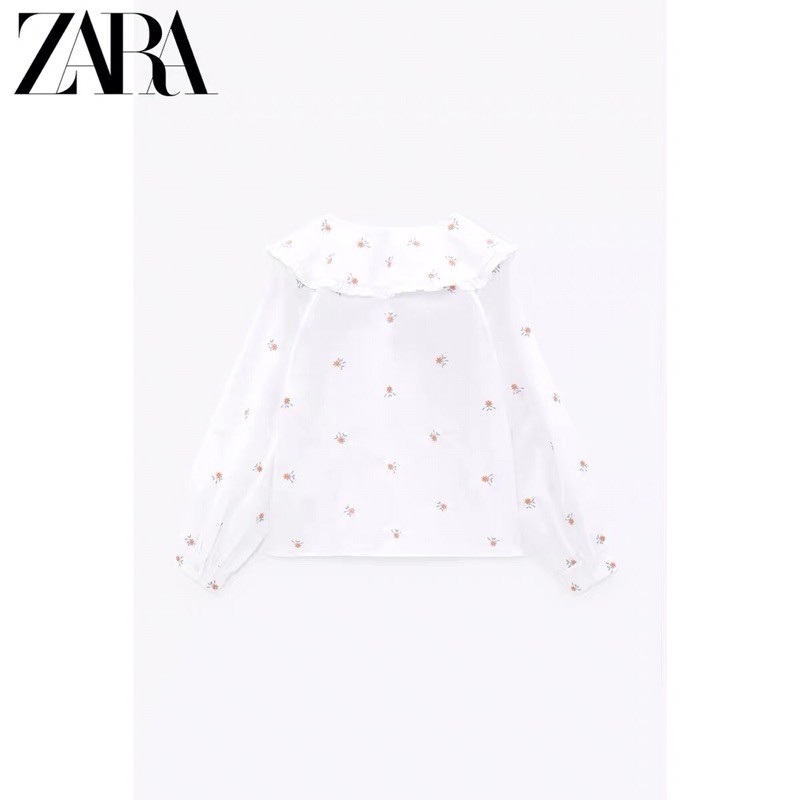 Áo sơ mi nữ Zara màu trắng thêu hoa new best seller 2021 dài tay cổ sen
