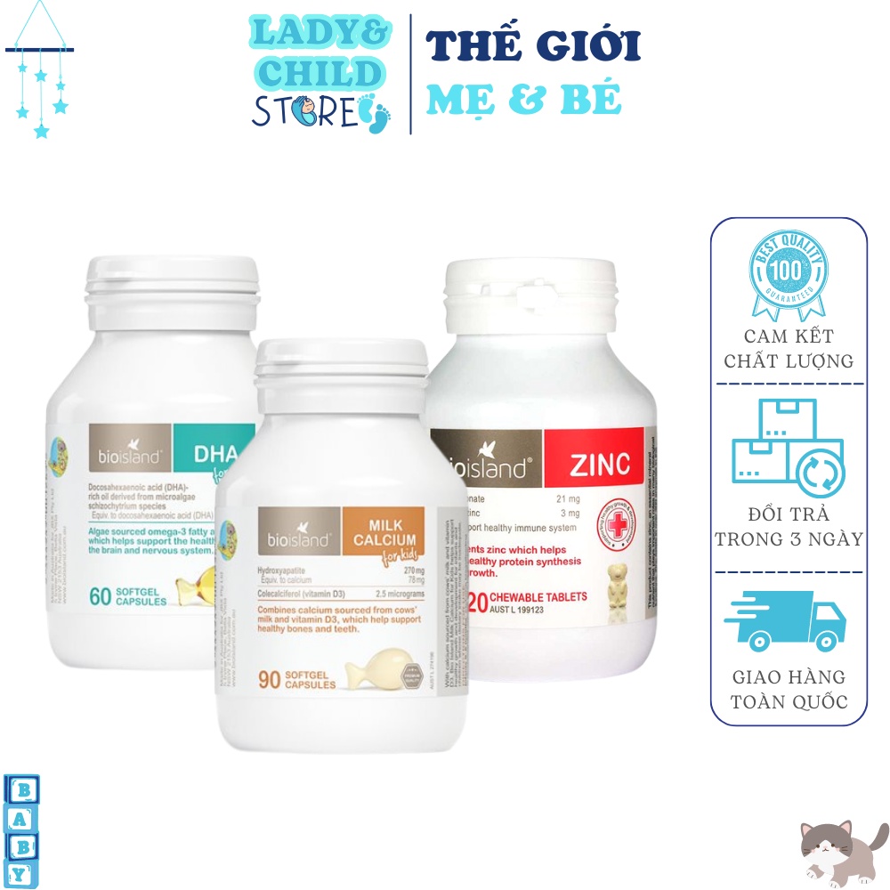 Combo dinh dưỡng cho bé ⚡ SIÊU ƯU ĐÃI ⚡ Bộ Ba Siêu Cấp viên dầu cá DHA + Canxi BioIsland + Kẽm ZinC cho Trẻ từ 7 tháng