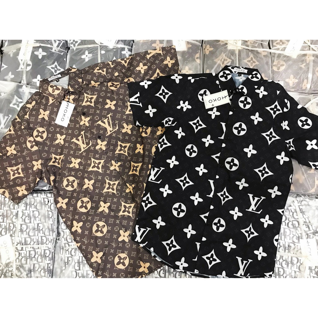 Áo sơ mi nam nữ 3D form rộng tay ngắn chất lụa in họa tiết LV , DIO thoáng mát phong cách thời trang