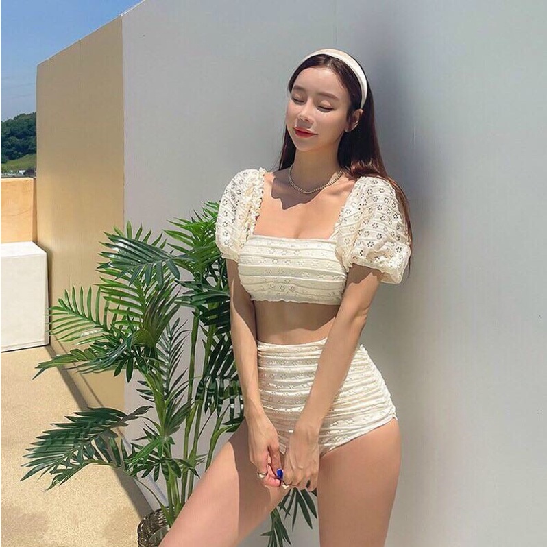 Bikini Quảng Châu 2 mảnh nữ ren nhập áo tay phồng quần cao che bụng cao cấp nhiều màu