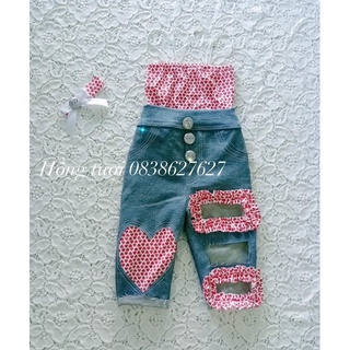 Set áo 2 dây quần cách điệu jean kèm choker bé gái