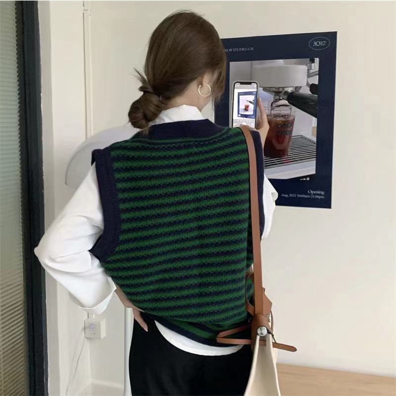 Áo Len Không Tay Cổ Chữ V Dáng Rộng Họa Tiết Kẻ Sọc Thời Trang Hàn Quốc Cho Nữ | BigBuy360 - bigbuy360.vn