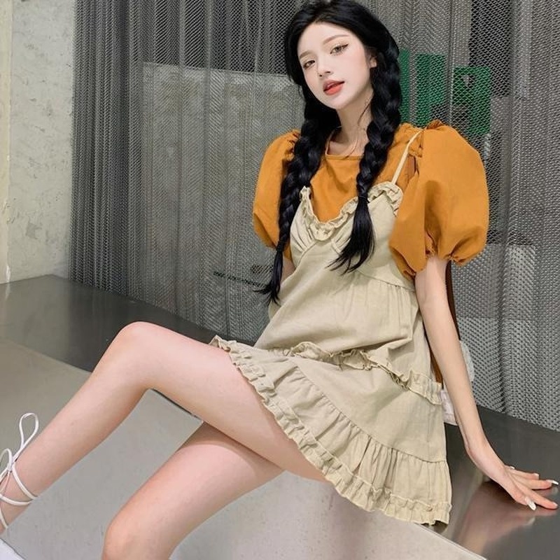 Set Áo Sơ Mi Tay Phồng + Váy Yếm Phong Cách Hàn Quốc Thời Trang Cho Nữ