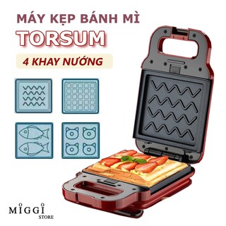 [HÀNG CHÍNH HÃNG] Máy kẹp bánh mì TORSOM đa năng - 4 Khuôn nướng - Chống dính đá Maifan cao cấp - Máy nướng bánh mì