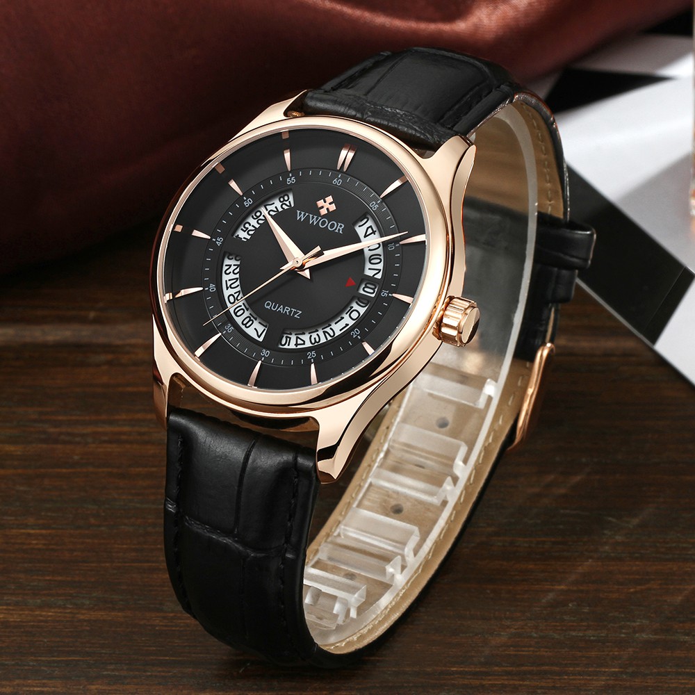 WWOOR Men's Sports Watches Waterproof Genuine Quartz Leather Strap Fashionable Stainless Steel - 8863