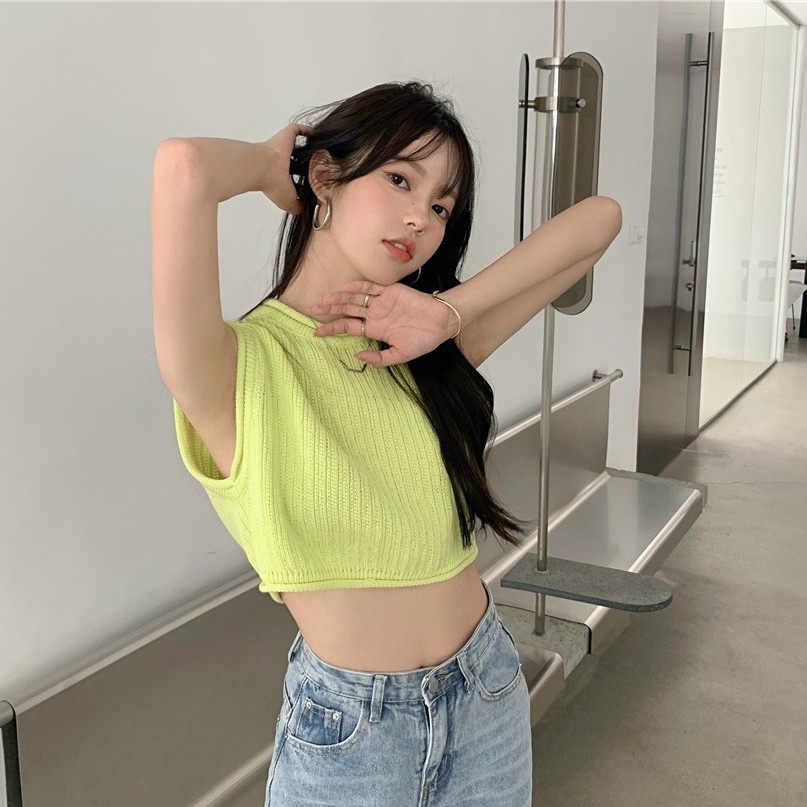 QADCOL  Áo dệt kim không tay phong cách Hàn Quốc cho nữ