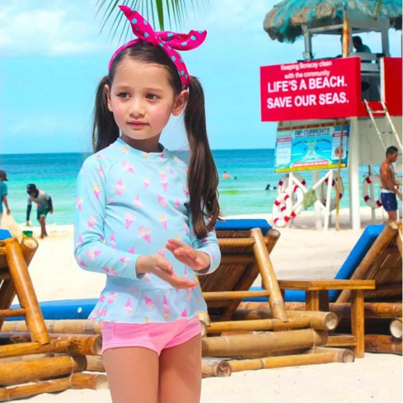 Bộ quần áo bơi tay dài họa tiết que kem xinh xắn cho bé gái 2-10 tuổi
