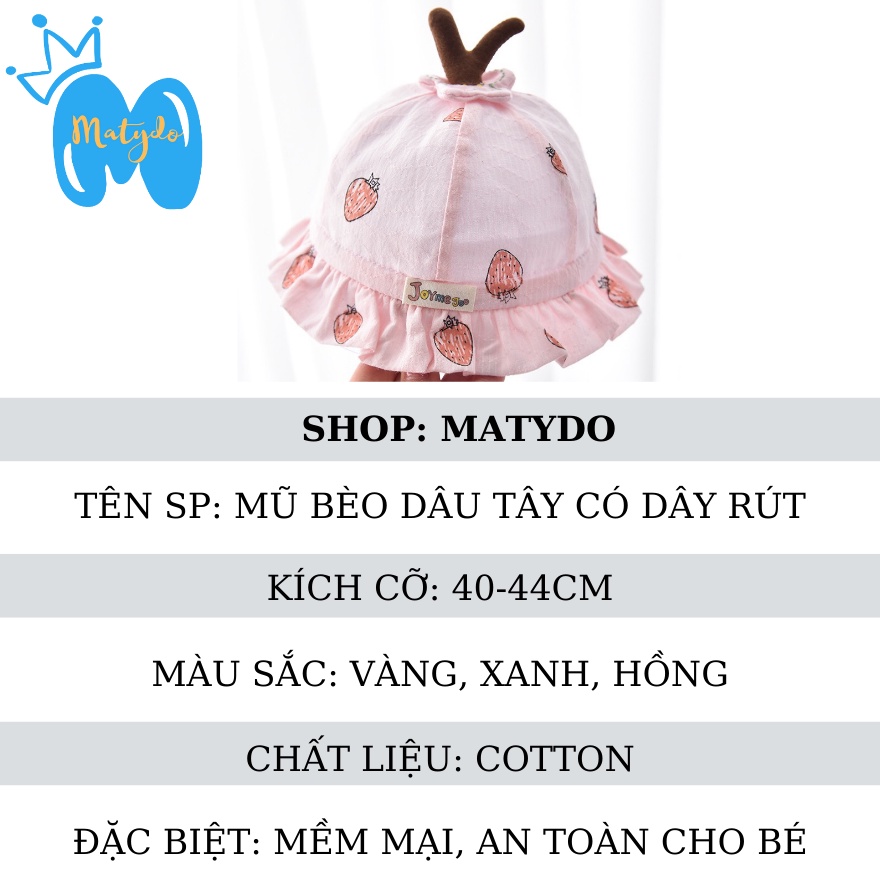 Mũ cho bé gái bé trai vành tròn hình dâu tây có dây rút đáng yêu nón cho bé vải cotton phụ kiện trẻ em