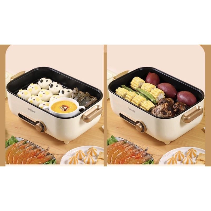 Nồi lẩu, bếp nướng, hấp, chiên, xào, rán đa năng zhenmi dung tích 4 lít, công suất 1500w bảo hành chính hãng 12 tháng